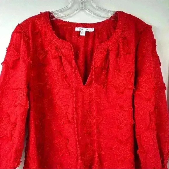 Chico's Women's Embroidered Stars Peasant Top Blouse Red Size 6 Casual - Picture 2 of 9